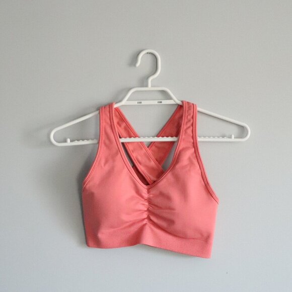 Alphalete Women's S Pink‎ V-Neck Ruched Racerback Stretch Activewear Sports Bra - Picture 1 of 9